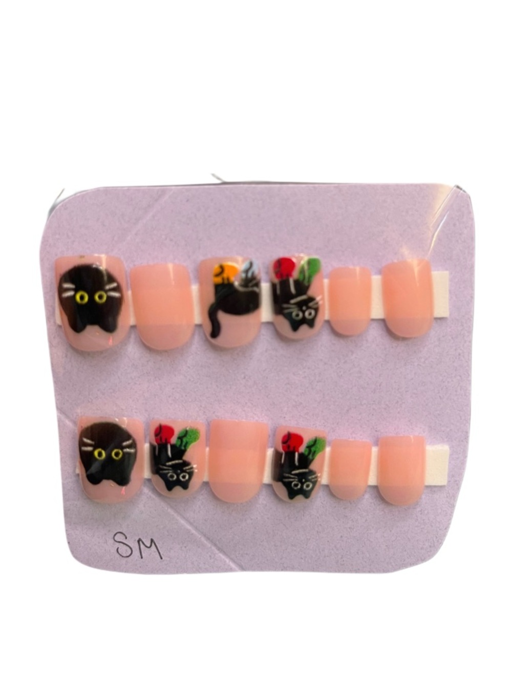 Pink Press-On Nails with Black Cat Floral Accent (5 for $20 U pick)